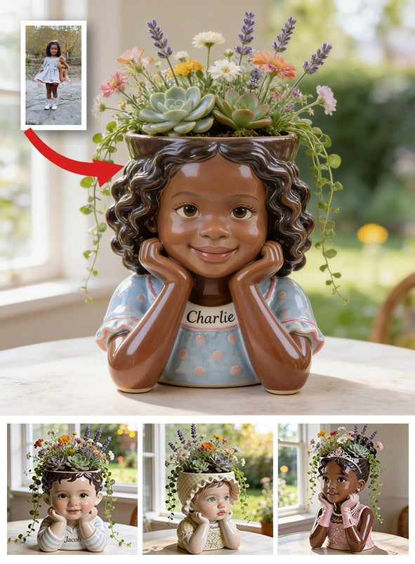 Custom Personalized Curly Haired Child Shaped Acrylic Planter Pot, Custom Name 4 Year Old Black Kid Flower Vase for Home Decor & Meaningful Gifting