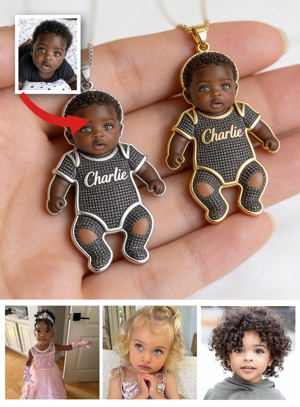 Personalized 3D Kid Shaped Metal Pendant Necklace Custom Engraved Newborn Baby Name New Mom Keepsake Jewelry Gift