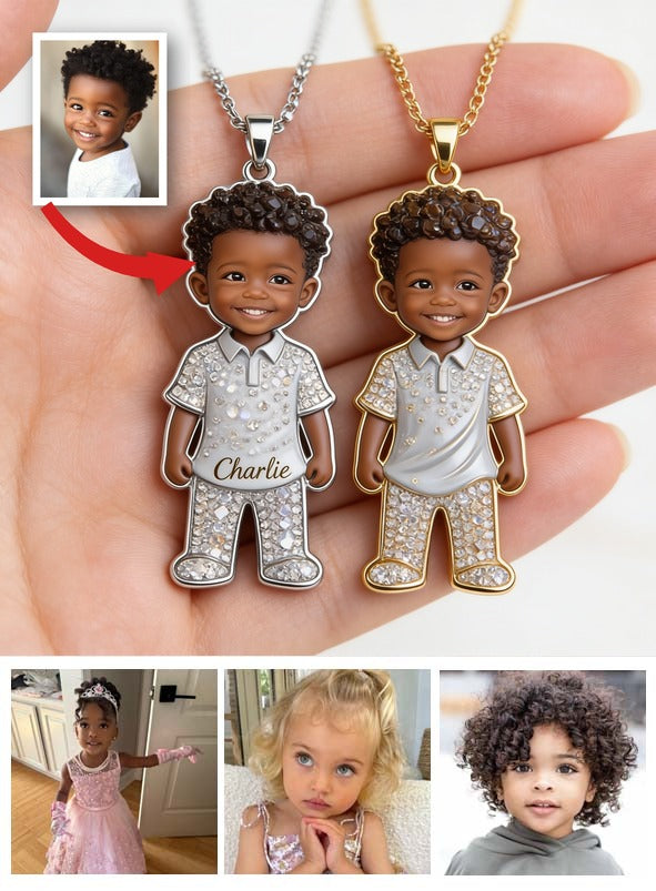 Personalized Custom Black Kid Portrait Metal Pendant Necklace, Engraved Name Child Keepsake Jewelry Gift for Family and Parents