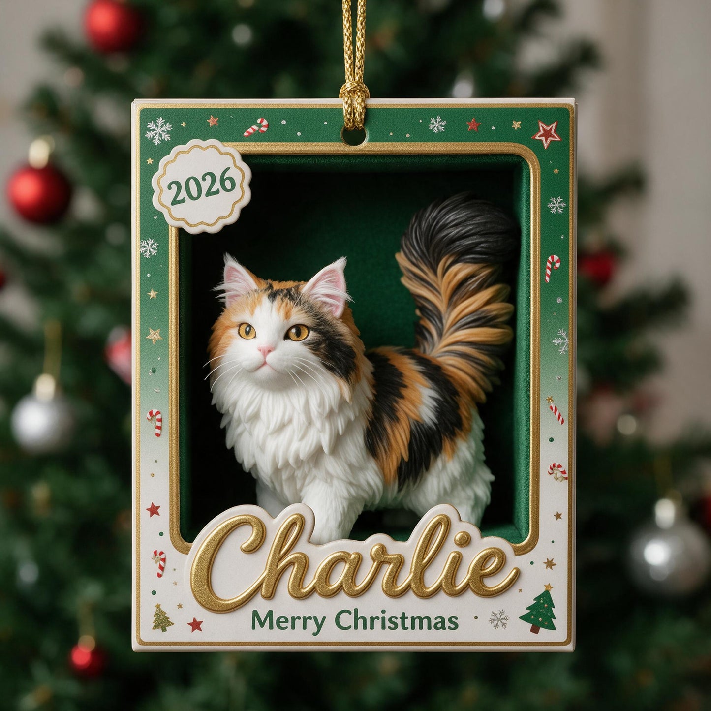 Personalized Fluffy Calico Maine Coon Cat 2026 Christmas Ornament, Custom Pet Lover Holiday Home Decor Gift