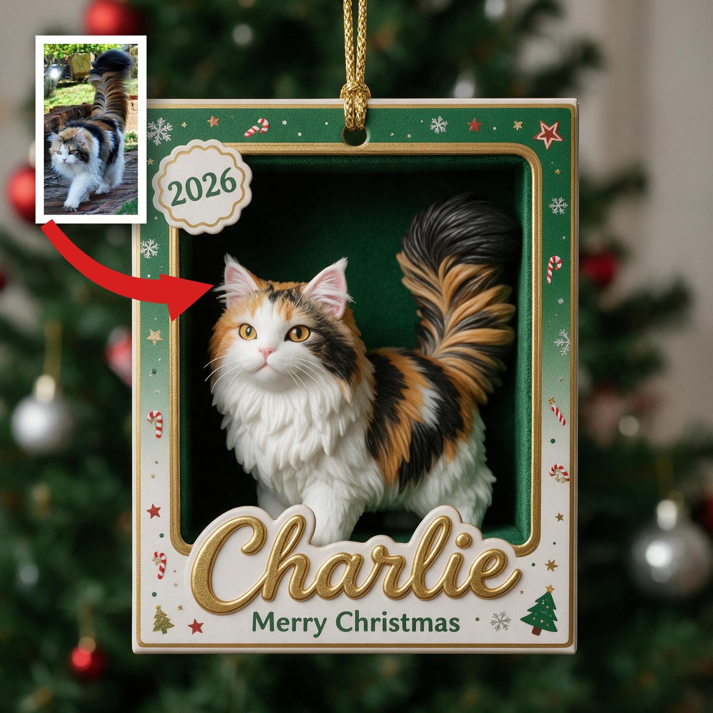 Personalized Fluffy Calico Maine Coon Cat 2026 Christmas Ornament, Custom Pet Lover Holiday Home Decor Gift