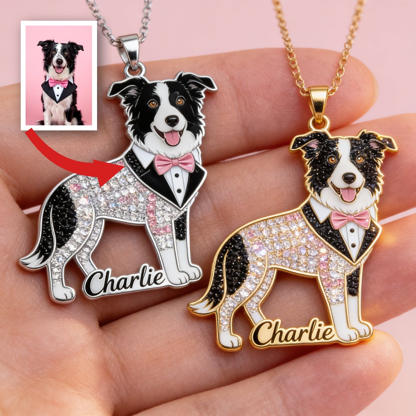 Personalized Black and White Border Collie Custom Name Metal Pendant Necklace, Pet Jewelry Gift for Border Collie Owners and Dog Lovers