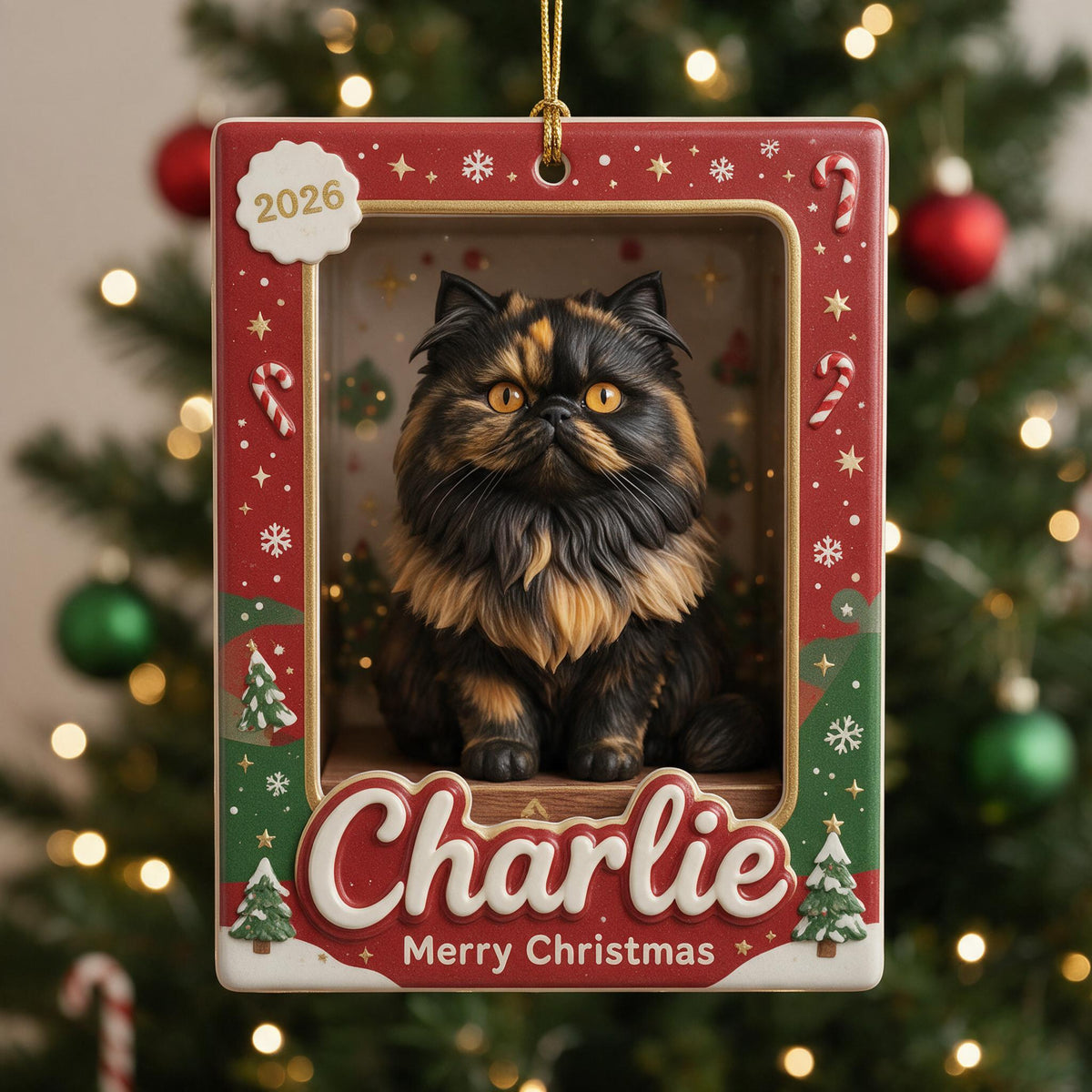 Personalized Fluffy Tortoiseshell Persian Cat Christmas Ornament, Custom Pet Holiday Gift for Cat Owners