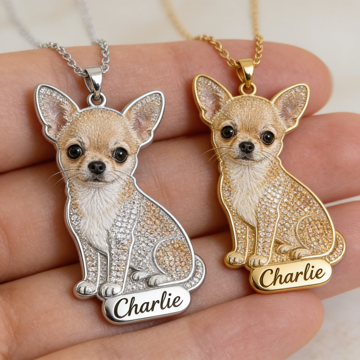 Personalized Sitting Fawn Chihuahua Metal Pendant Necklace Custom Engraved Name Gift for Chihuahua Dog Lovers