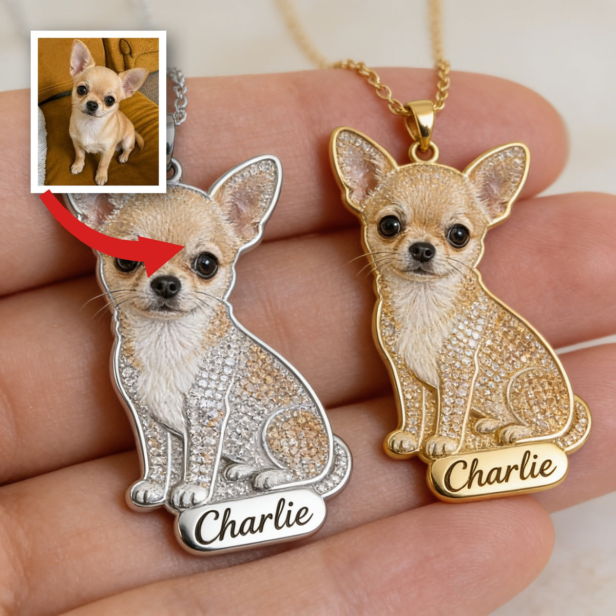 Personalized Sitting Fawn Chihuahua Metal Pendant Necklace Custom Engraved Name Gift for Chihuahua Dog Lovers