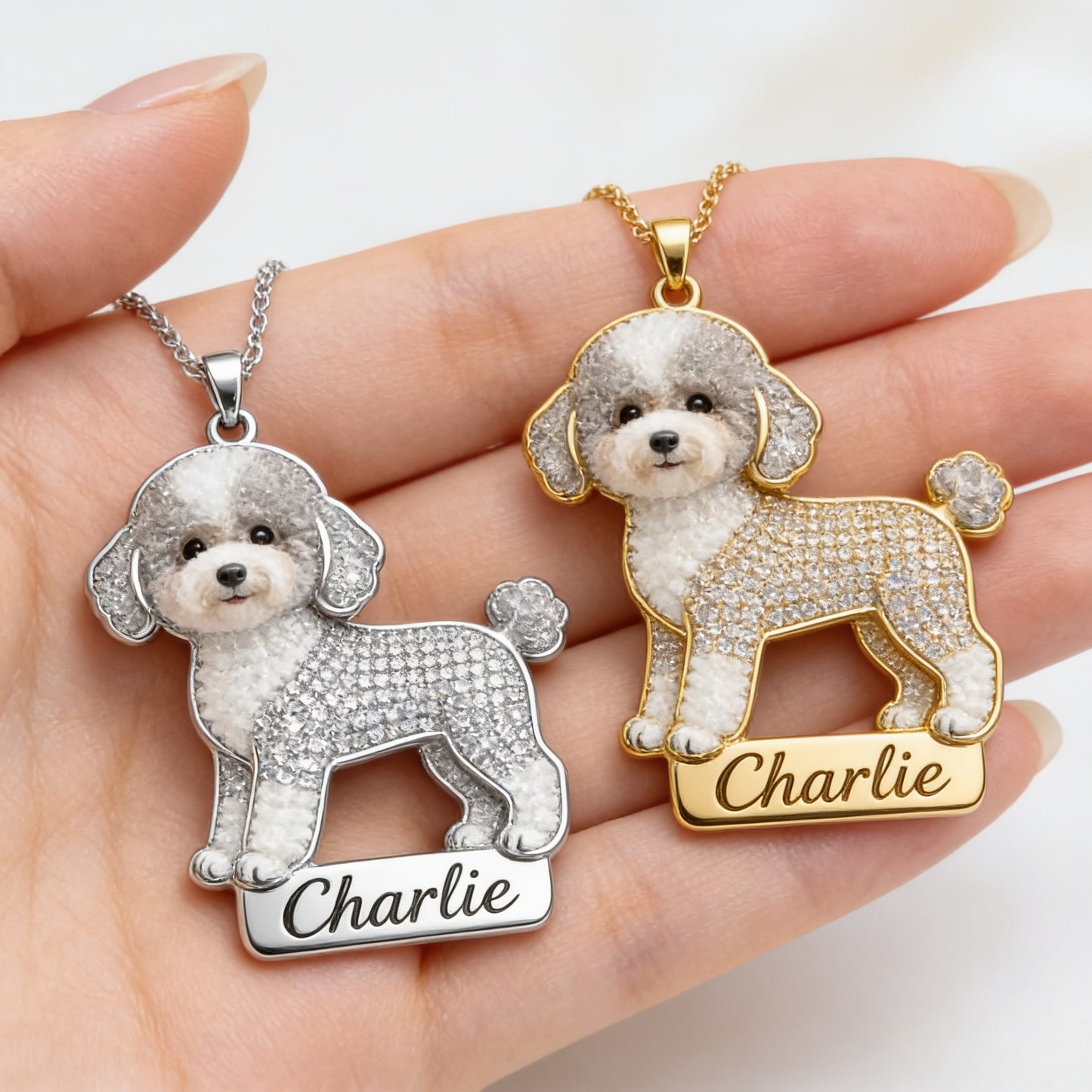 Personalized Sparkling Parti Poodle Custom Name Metal Pendant Necklace, Gift for Poodle Owners and Dog Lovers