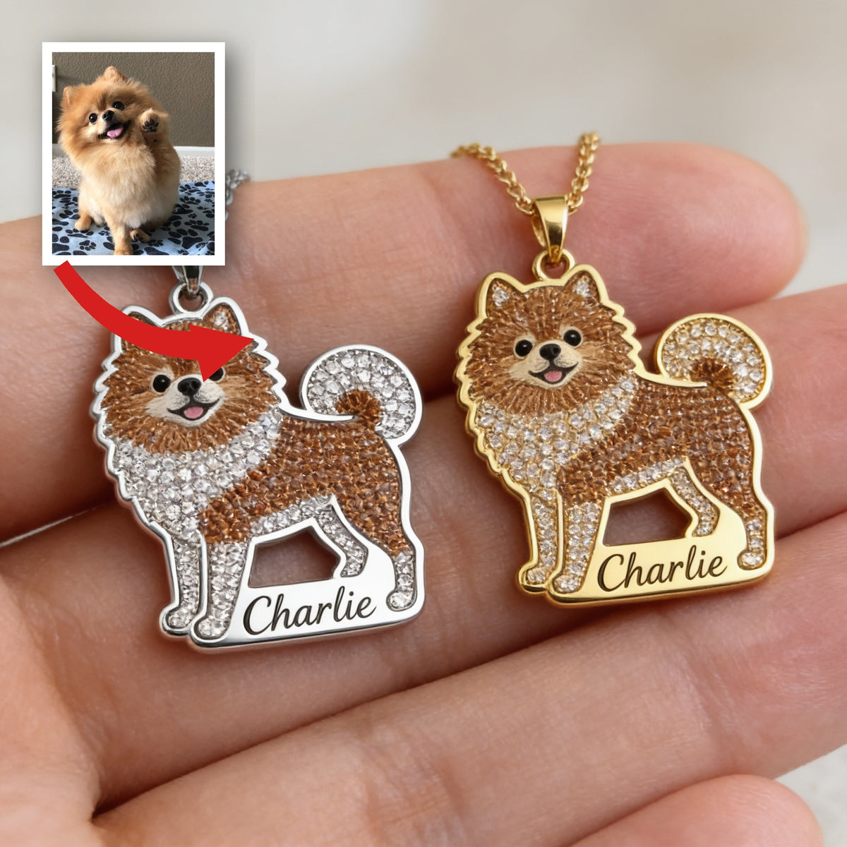 Personalized Fluffy Brown Pomeranian Metal Pendant Necklace, Custom Engraved Pet Name Gift for Pomeranian Owners