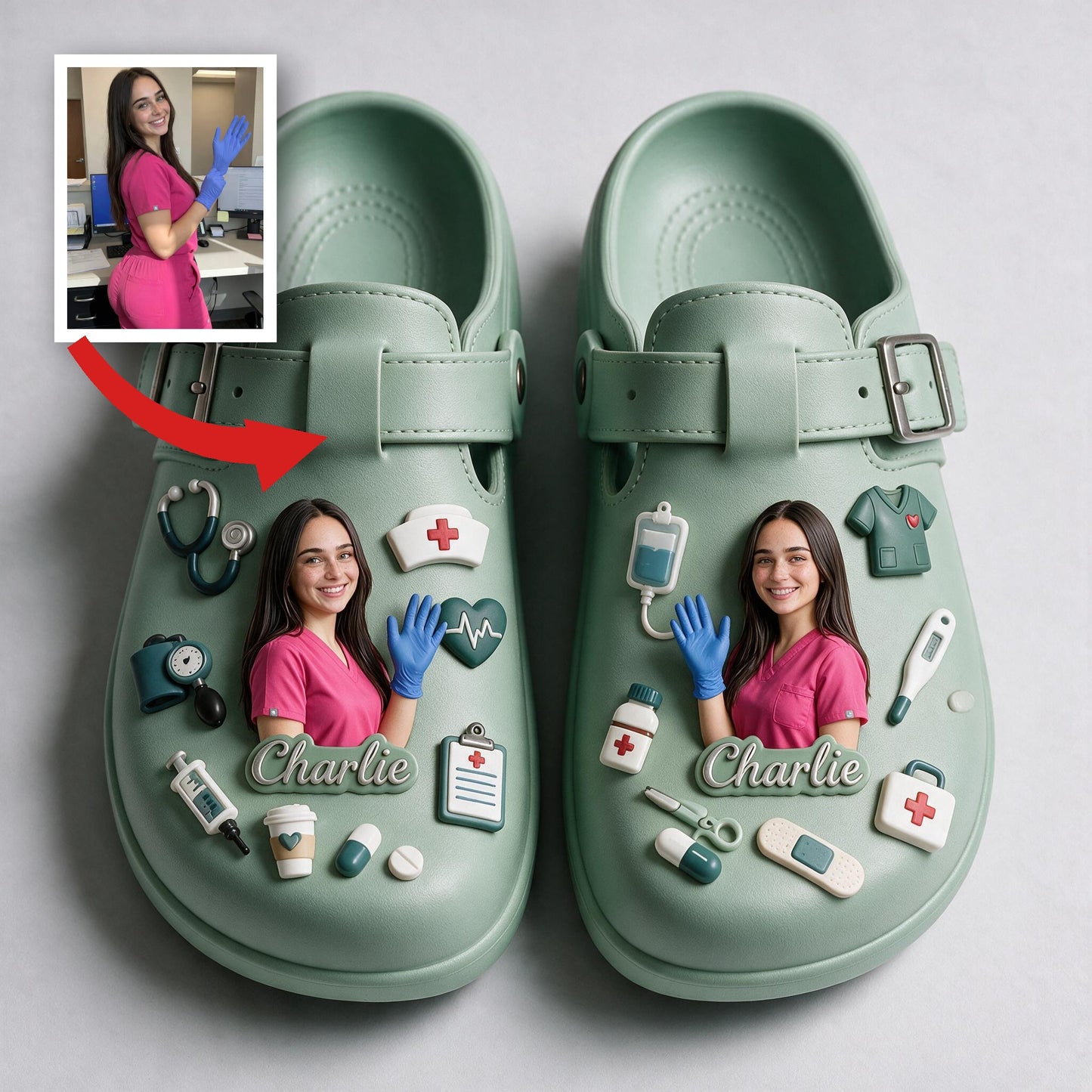 Personalized Nurse Life Arch Support Clogs, 3D Medical Charm Custom Footwear Gift for RN Healthcare Workers