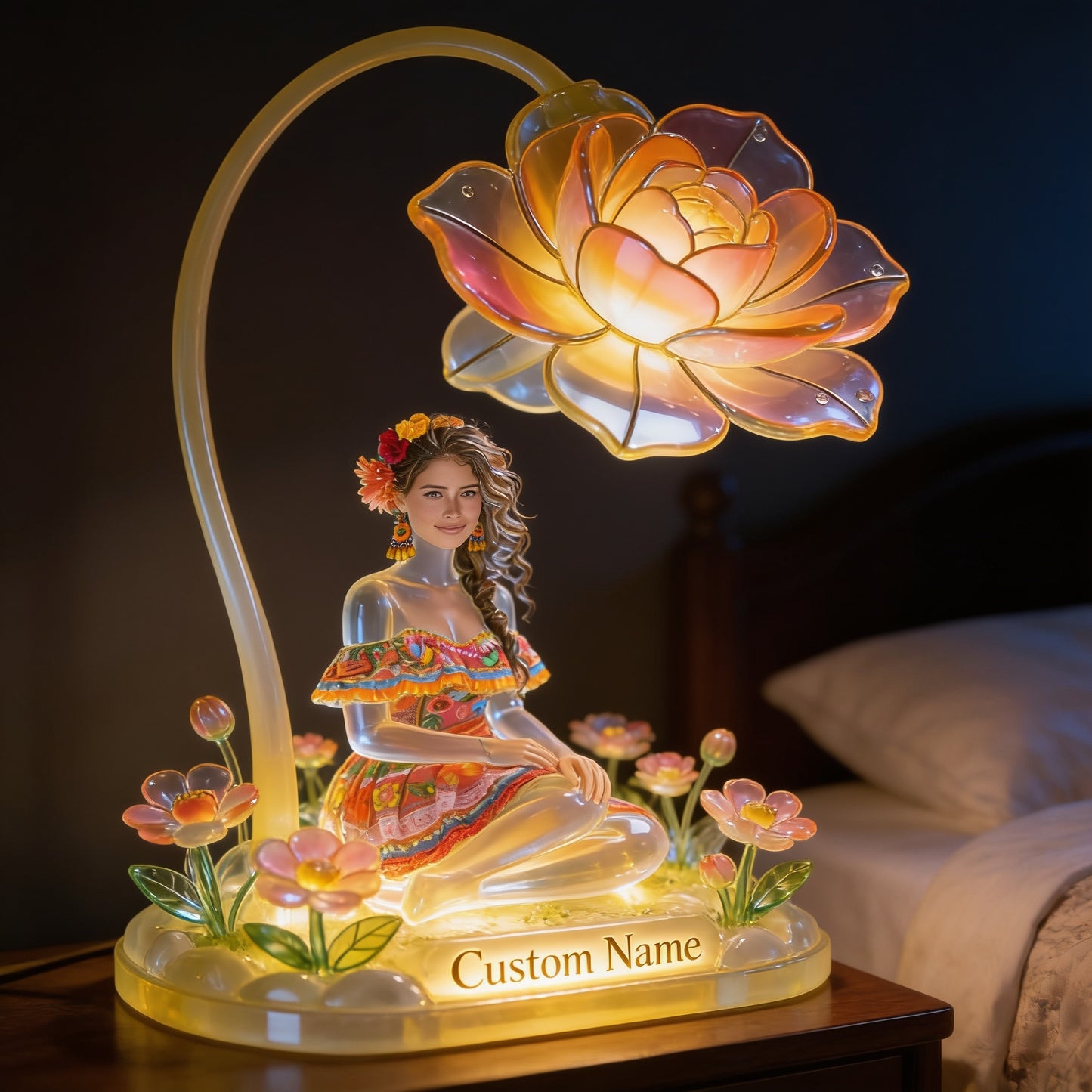 Personalized Custom Name Folk Art Floral Latina Woman Acrylic LED Night Light, Self Love Bedroom Decor Gift
