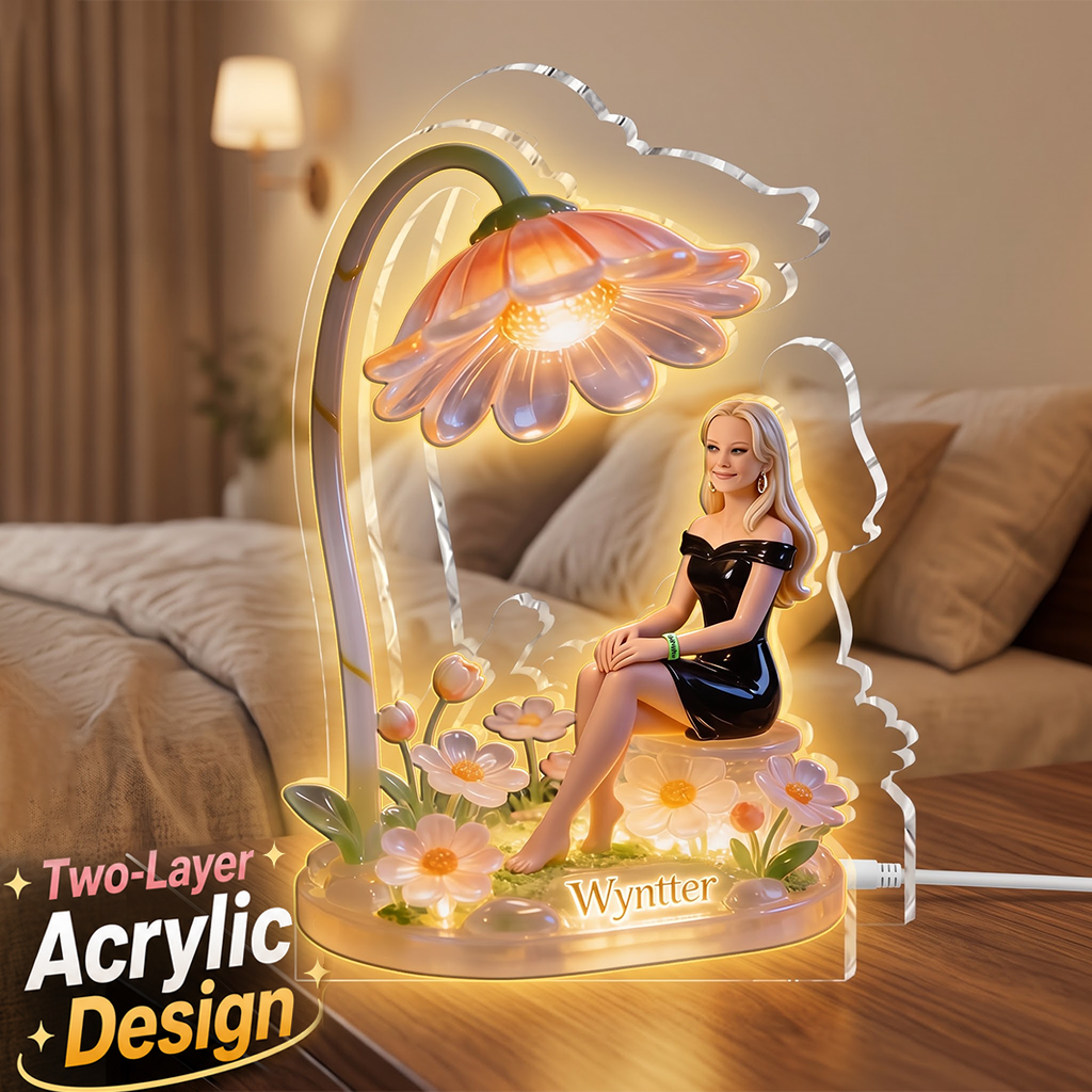 Personalized Smiling Older Woman Custom Name Acrylic LED Night Light, Cozy Warm Bedroom Decor Thoughtful Grandma Gift