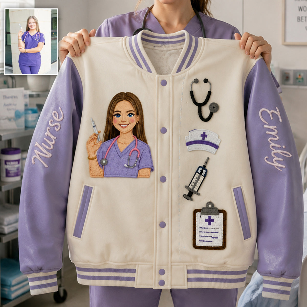 Personalized Latina Nurse Varsity Jacket, Thoughtful Nurse Appreciation Gift For Casual Work & Streetwear Outerwear