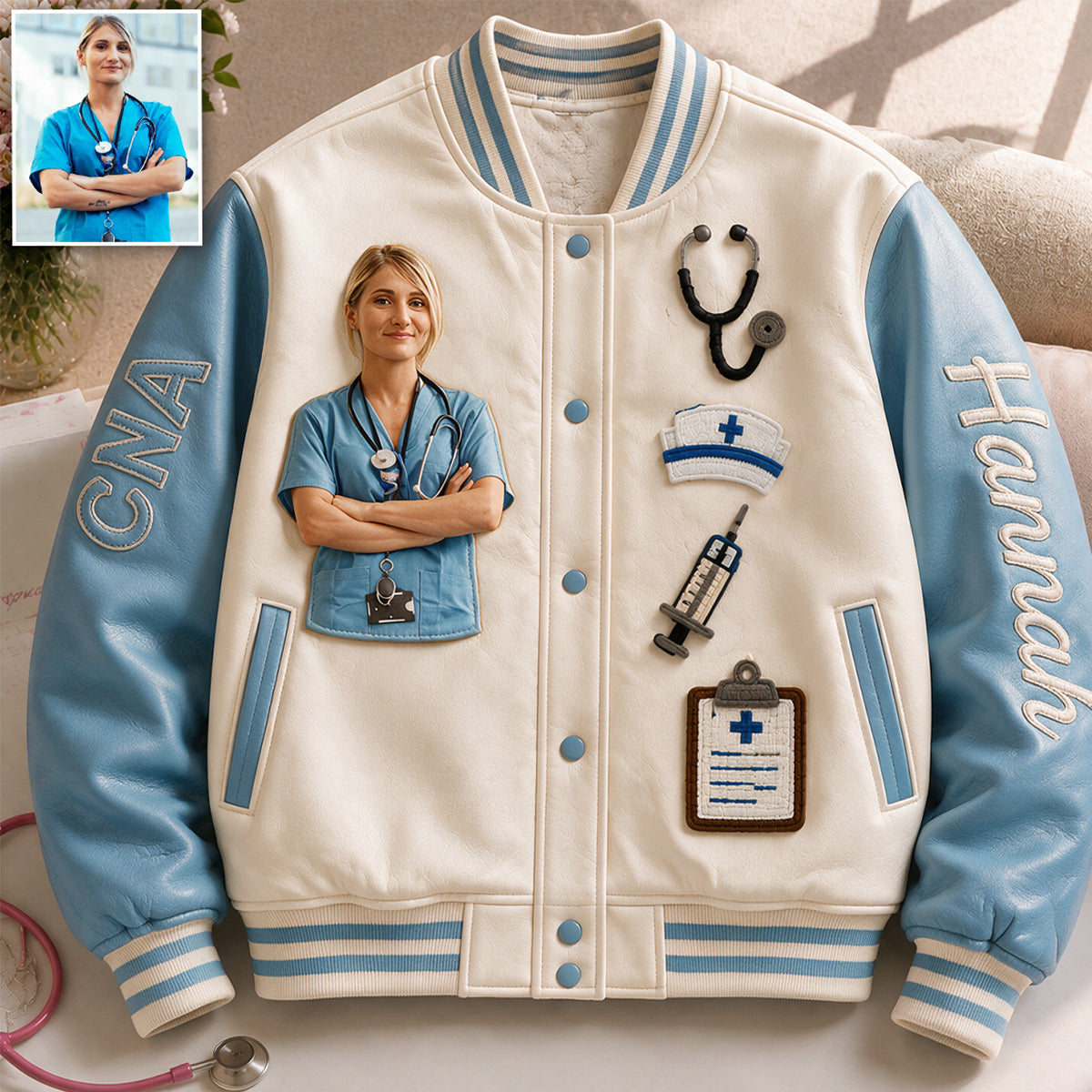 Personalized Latina Nurse Varsity Jacket, Thoughtful Nurse Appreciation Gift For Casual Work & Streetwear Outerwear