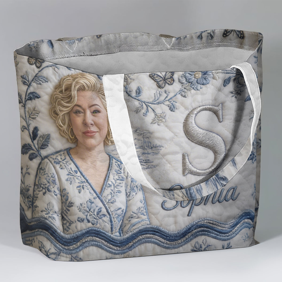 Personalized 3D Embroidered Older Black Woman Portrait Quilted Tote Bag, Custom Monogram Name Gift for Grandma Everyday Use