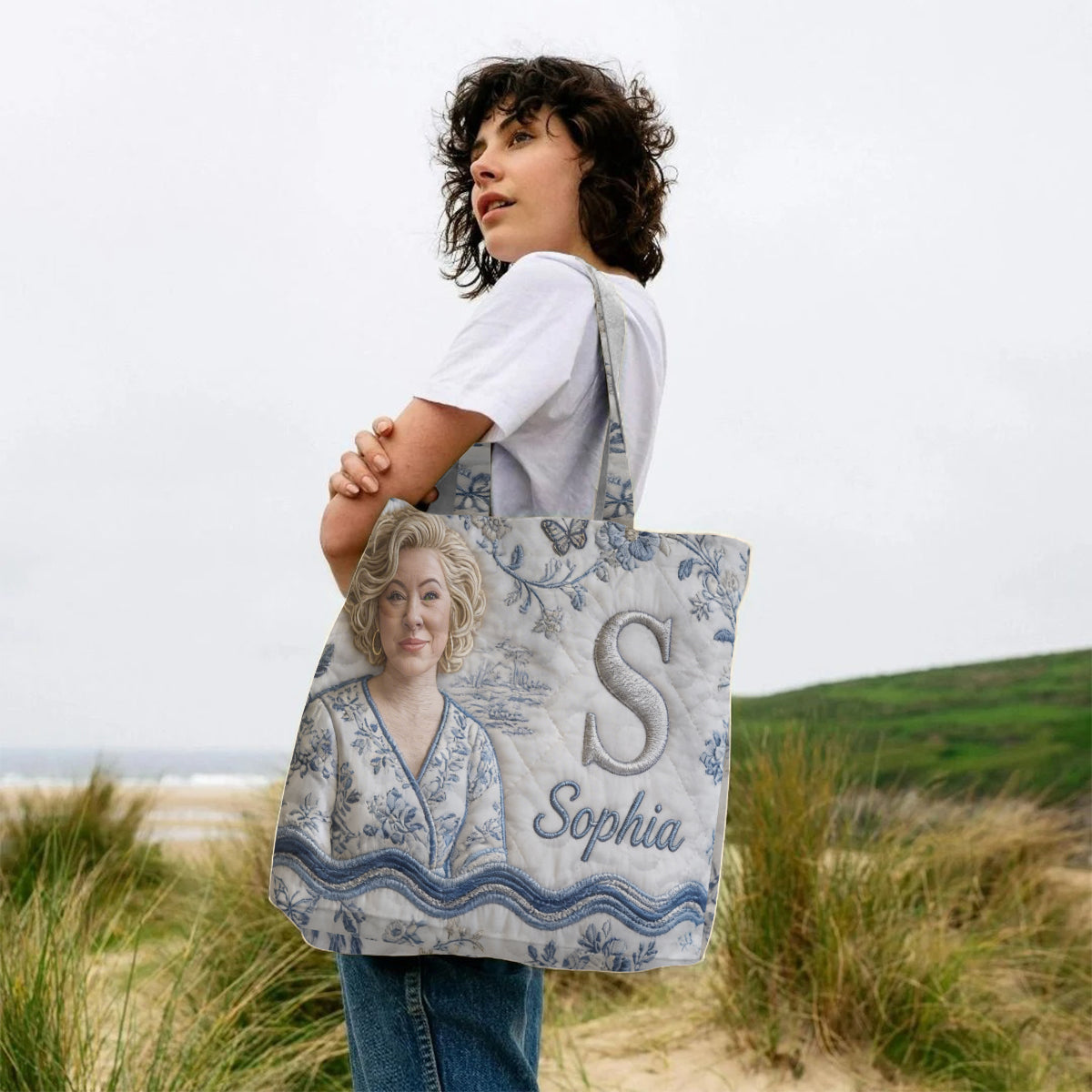 Personalized Embroidered Blonde Braided Girl Quilted Tote Bag - Custom Name Self Love Gift for Everyday Use