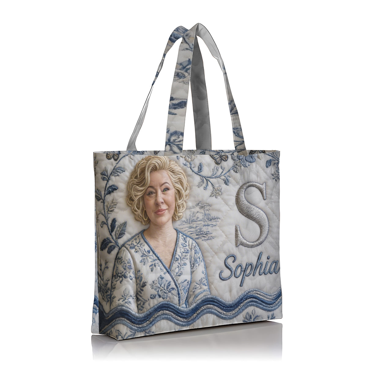 Custom Embroidered Latina Woman Portrait Quilted Tote Bag, Personalized Name Sentimental Gift for Grandma for Everyday Use