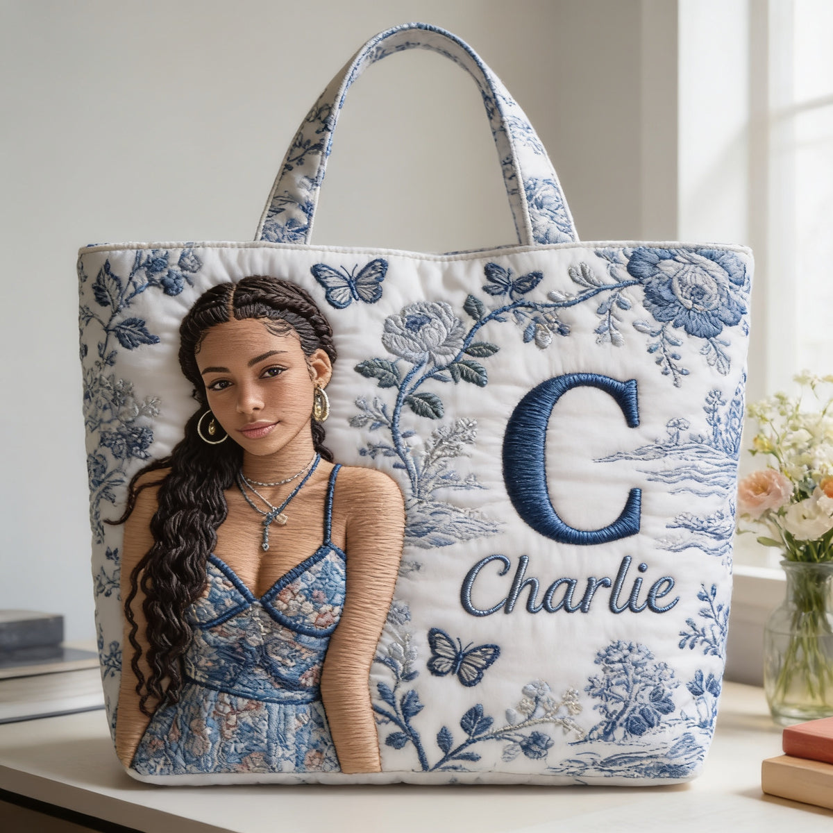 Personalized Embroidered Latina Girl Portrait Quilted Tote Bag, Custom Name Monogram Unique Self Love Everyday Carry Gift
