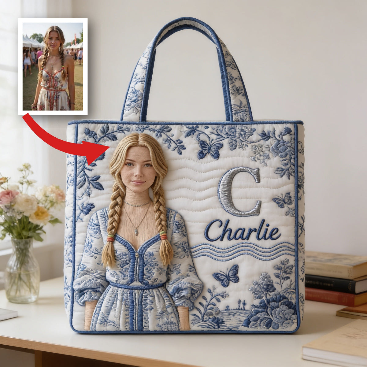 Personalized Embroidered Blonde Braided Girl Quilted Tote Bag - Custom Name Self Love Gift for Everyday Use