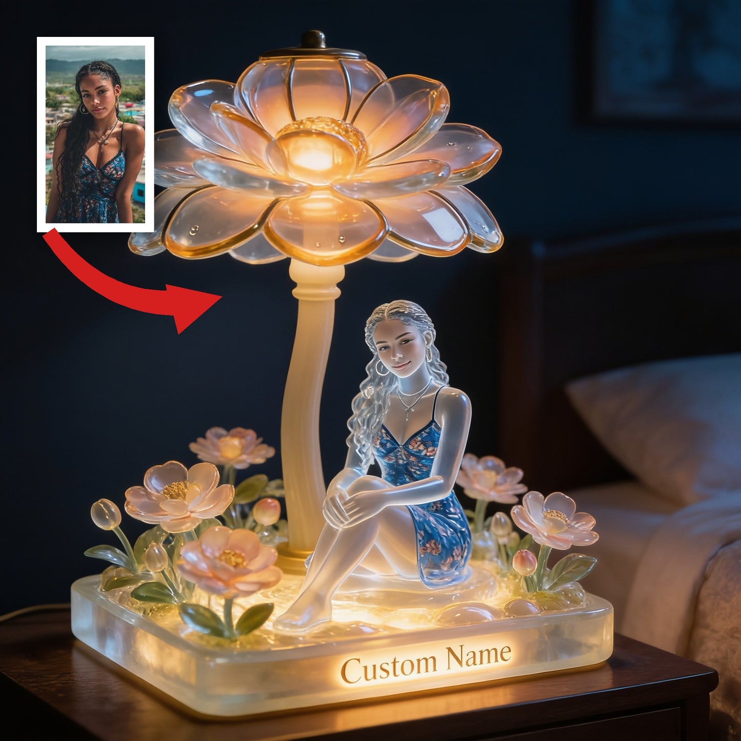Custom Name Elegant Seated Latina Girl Lotus Flower Acrylic LED Night Light, Personalized Self Love Bedroom Decor Gift