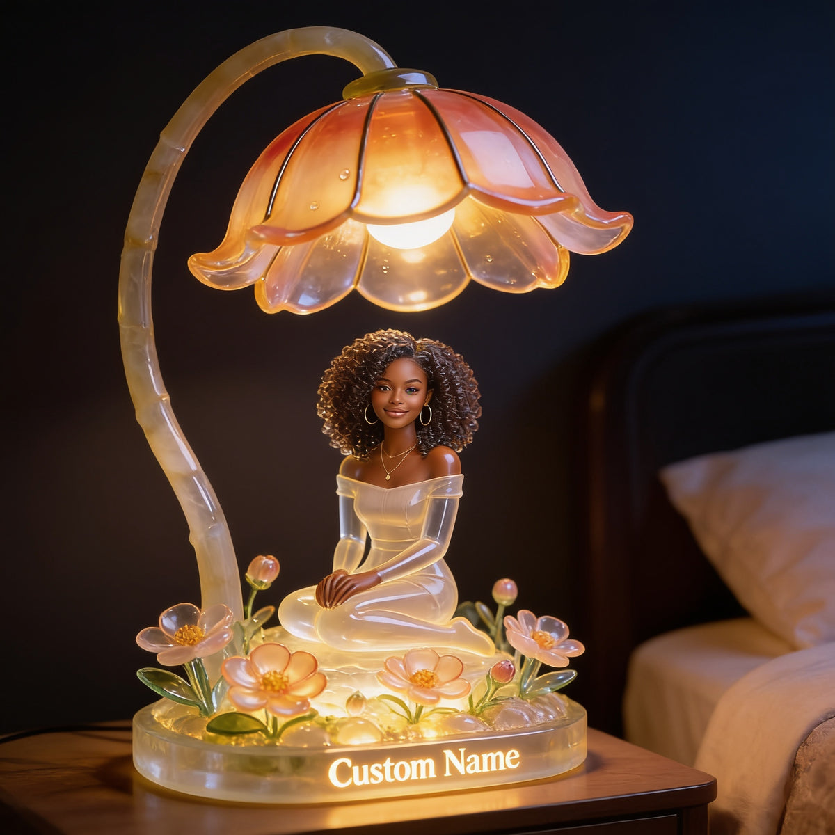 Personalized Curly Haired Black Girl Floral Acrylic LED Night Light Custom Name Self Love Bedroom Decor Gift