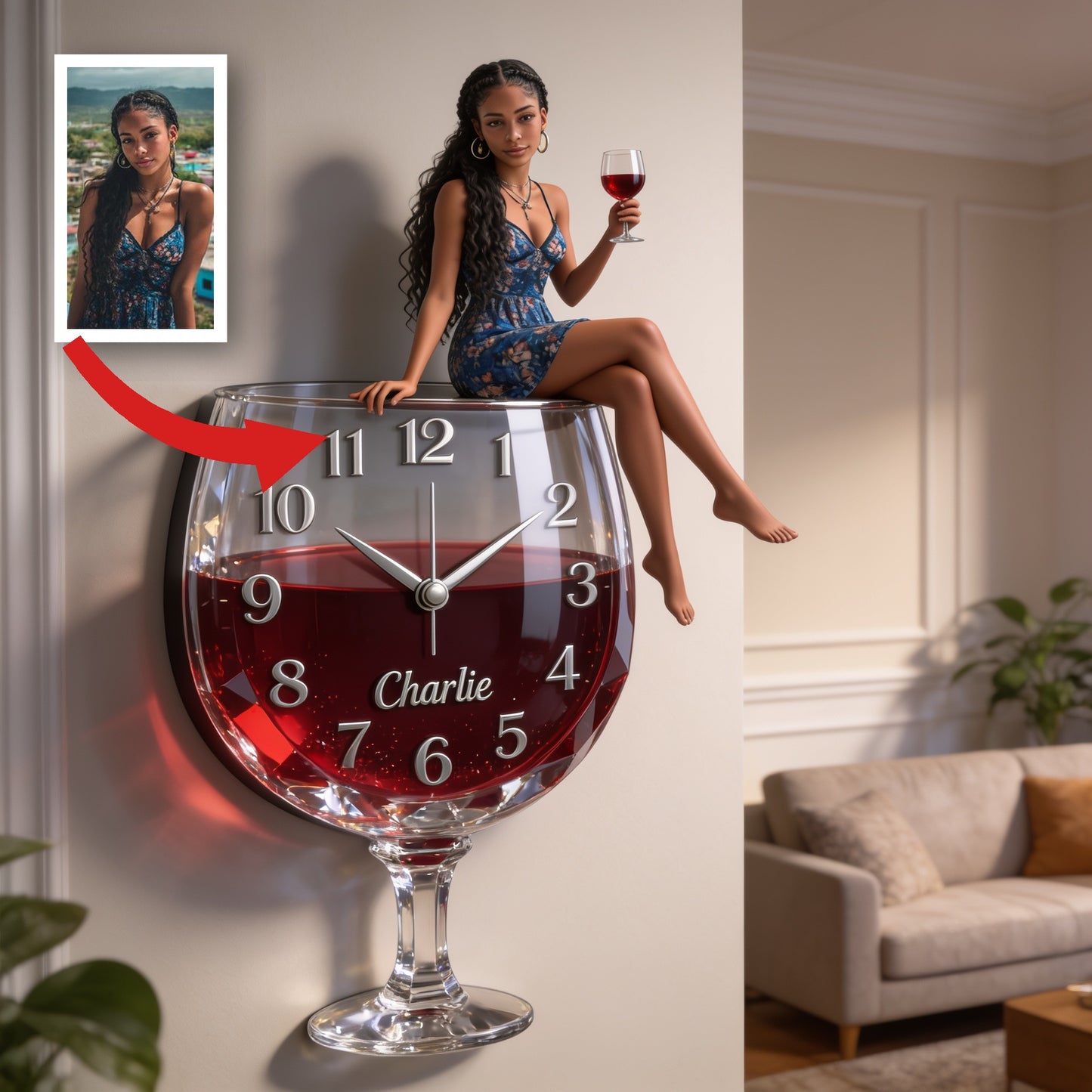 Personalized Wine Glass Shaped Acrylic Wall Clock, Elegant Latina Woman Wine Lover Themed Unique Home Decor Gift