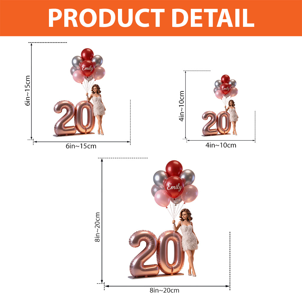 Custom Shaped Personalized Milestone Birthday Acrylic Plaque, Adult Woman with Balloons & Age Number Keepsake Gift