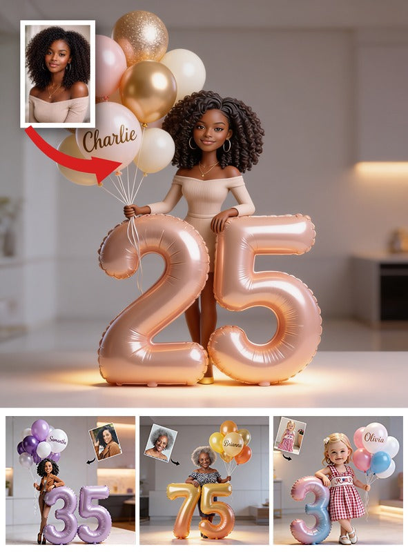 Custom Personalized Birthday Acrylic Plaque - Elegant Adult Black Woman Portrait with Balloons & Custom Age Number, Unique Gift for Her