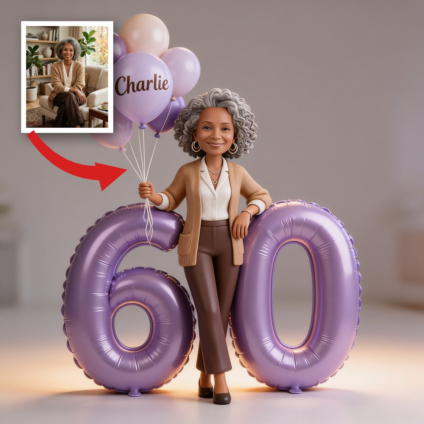 Personalized 60th Birthday Custom Shaped Acrylic Plaque, Elegant Older Black Woman Portrait with Balloons Milestone Keepsake Gift