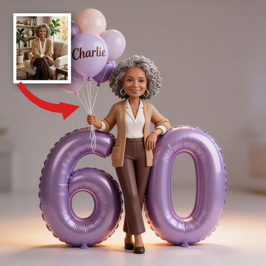 Plaque Acrylique Personnalisée pour 60e Anniversaire, Portrait Élégant Femme Noire avec Ballons