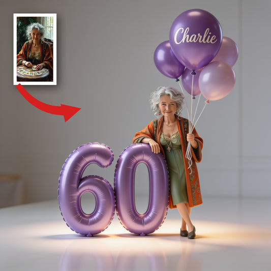 Plaque Acrylique Personnalisée pour le 60ème Anniversaire, Élégante Femme Latina Âgée avec Ballons Cadeau Souvenir pour Mamie