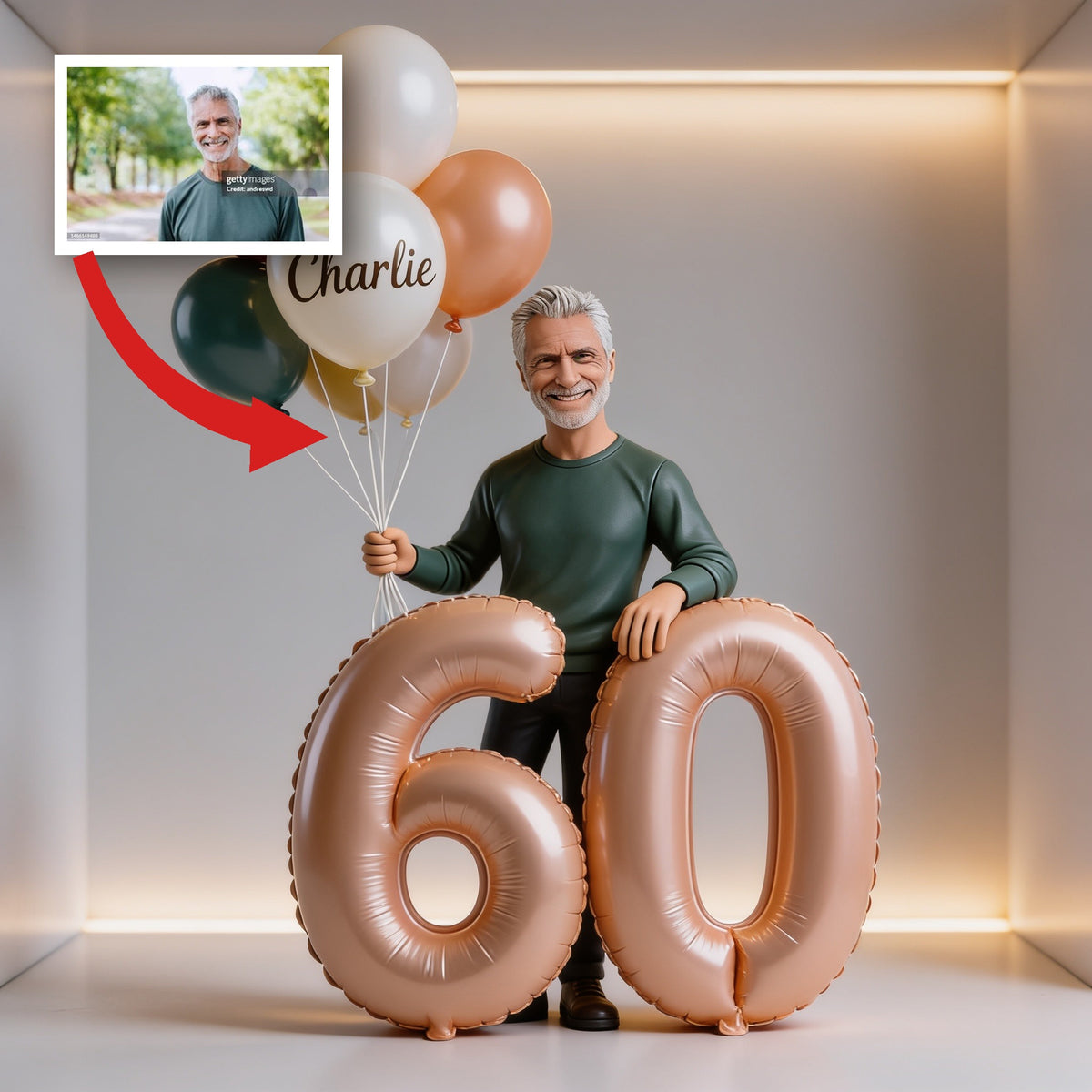 Personalized 60th Birthday Custom Shaped Acrylic Plaque, Older Latin Man Portrait with Balloons Unique Milestone Gift for Him