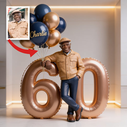 Plaque Acrylique Personnalisée Photo Anniversaire 60 Ans - Homme Noir Sourire Ballon Souvenir
