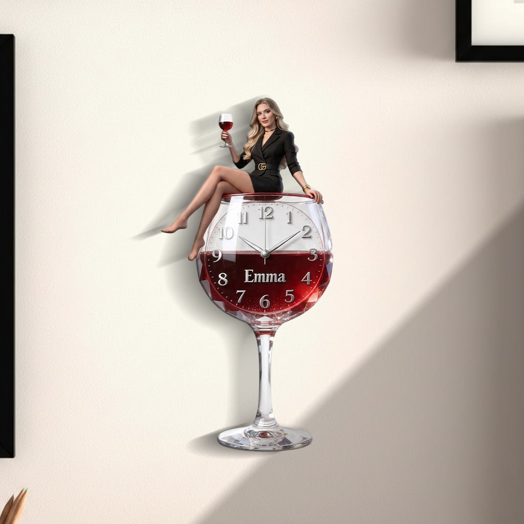 Personalized Wine Glass Shaped Acrylic Wall Clock, Elegant Latina Woman Wine Lover Themed Unique Home Decor Gift
