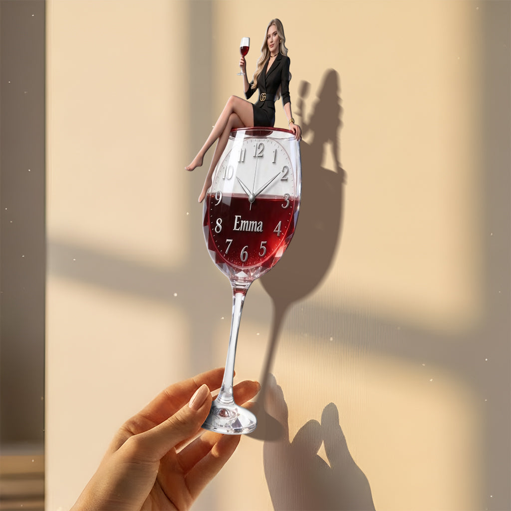 Personalized Wine Glass Shaped Acrylic Wall Clock, Elegant Latina Woman Wine Lover Themed Unique Home Decor Gift