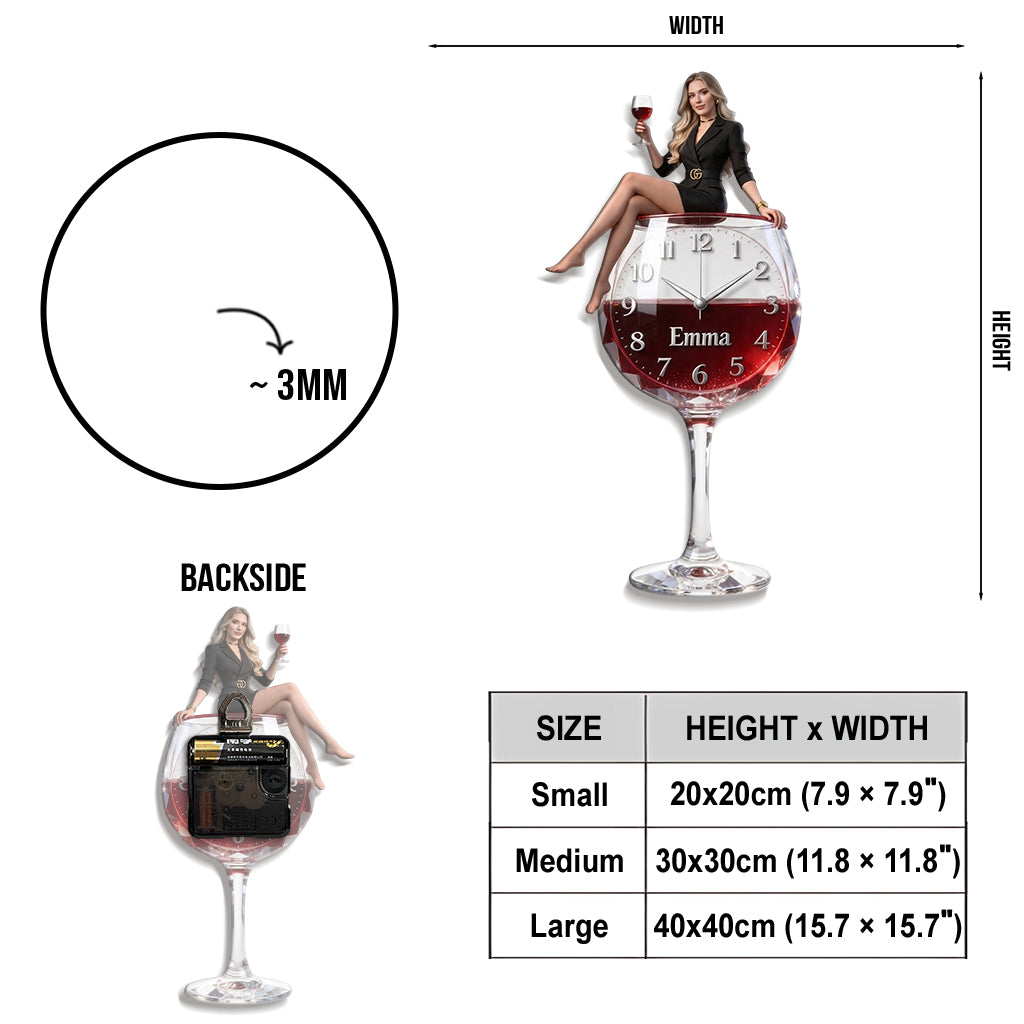 Personalized Wine Glass Acrylic Wall Clock, Elegant Older Latina Woman Wine Lover Custom Drinking Hour Home Bar Gift