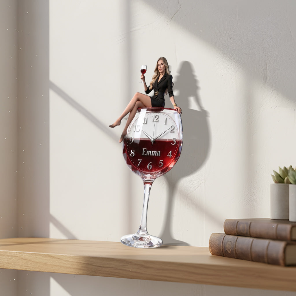 Personalized Wine Glass Acrylic Wall Clock, Elegant Older Latina Woman Wine Lover Custom Drinking Hour Home Bar Gift