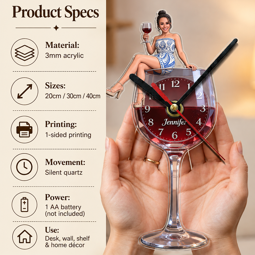 Personalized Wine Glass Shaped Acrylic Wall Clock, Elegant Latina Woman Wine Lover Themed Unique Home Decor Gift