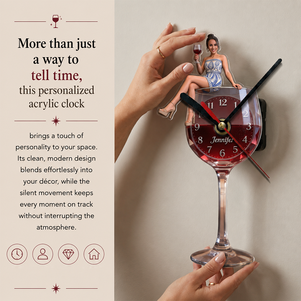 Personalized Wine Glass Shaped Acrylic Wall Clock, Elegant Latina Woman Wine Lover Themed Unique Home Decor Gift
