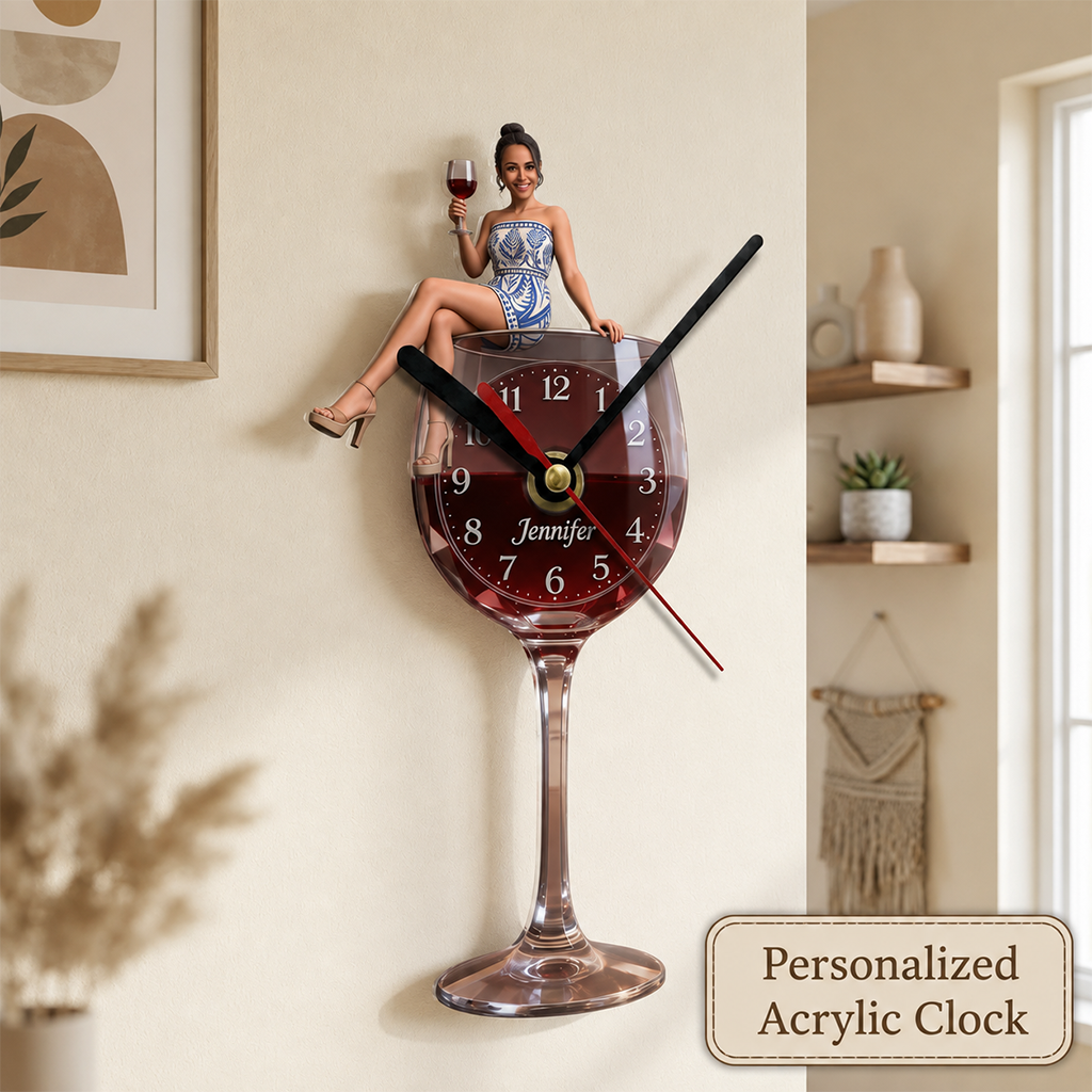 Personalized Wine Glass Shaped Acrylic Wall Clock, Elegant Latina Woman Wine Lover Themed Unique Home Decor Gift