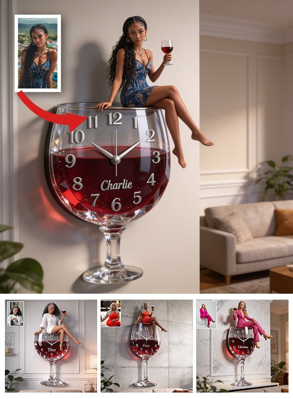 Personalized Wine Glass Shaped Acrylic Wall Clock, Elegant Latina Woman Wine Lover Themed Unique Home Decor Gift