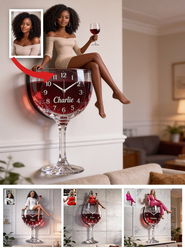 Personalized Curly Haired Adult Black Woman Wine Glass Acrylic Wall Clock, Unique Wine Lover Home Decor Gift