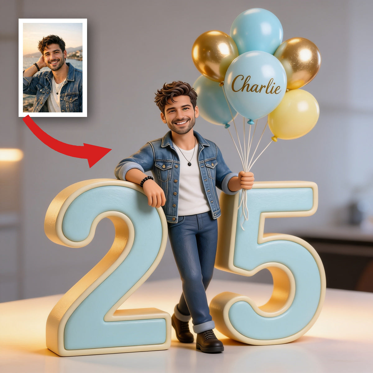 Personalized Custom Smiling Adult Man Milestone Birthday Balloon Shaped Acrylic Plaque, Unique Gift For Him