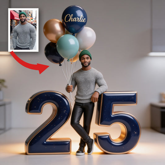 Plaque Acrylique Personnalisée - Portrait d'Homme Noir pour 25 Ans avec Ballons & Âge Milestone