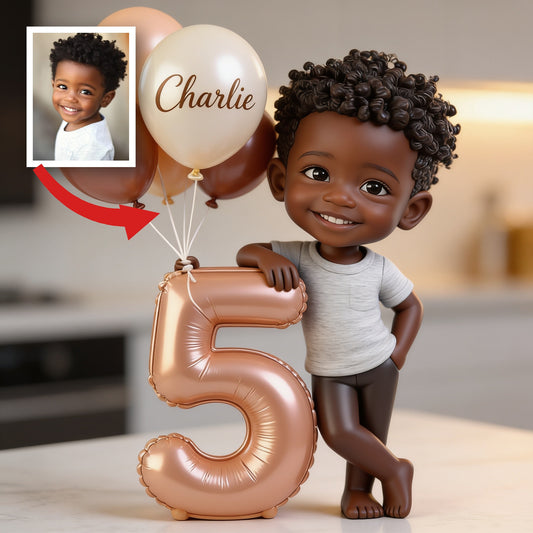 Plaque Acrylique Personnalisée Petit Garçon Noir Anniversaire avec Nom, Âge et Ballons