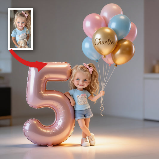 Plaque Acrylique Personnalisée Anniversaire Enfant - Petite Fille Mignonne avec Ballons & Âge Personnalisé