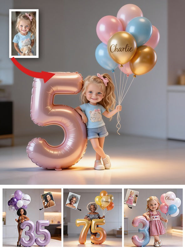 Personalized Kids Birthday Custom Shaped Acrylic Plaque - Cute Little Girl with Balloons & Custom Age Number Keepsake Gift