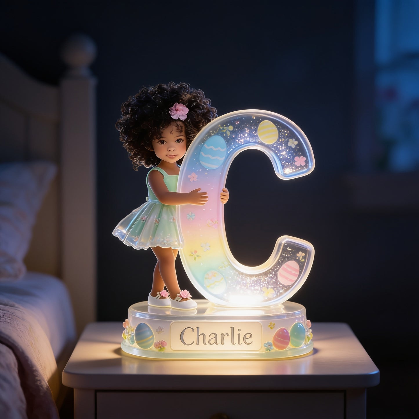 Personalized Easter Curly Haired Young Girl Acrylic LED Night Light Black Kids Gift