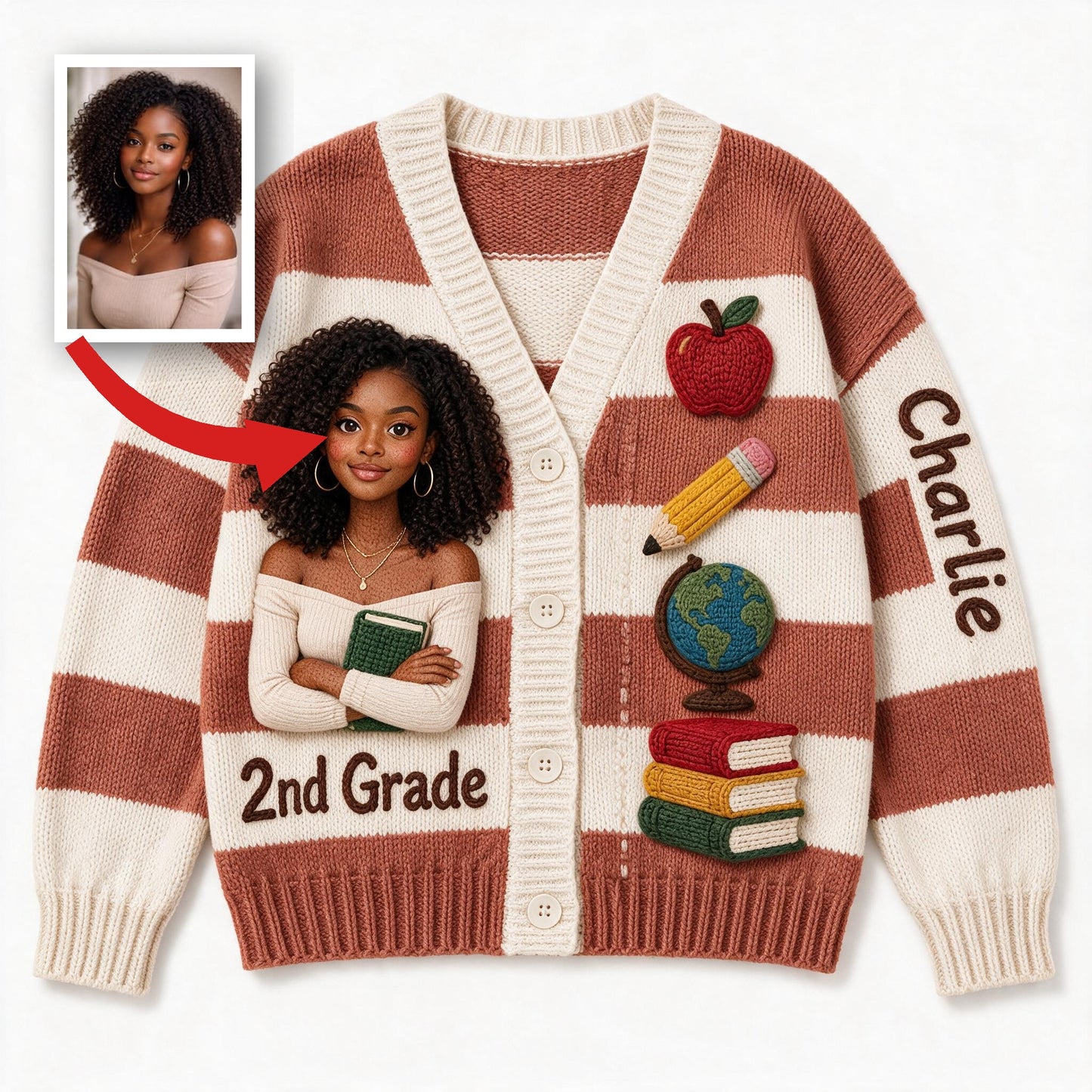 Personalized 2nd Grade Black Woman Teacher Cardigan Sweater Teacher Gift