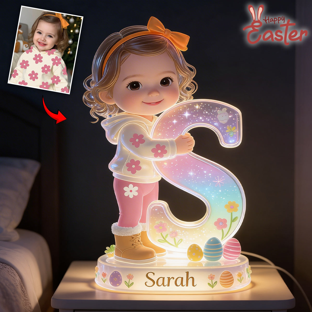 Personalized Easter Curly Haired Young Girl Acrylic LED Night Light Black Kids Gift