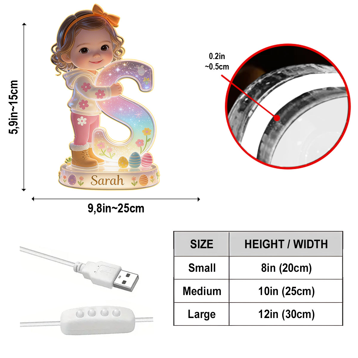 Personalized Easter Curly Haired Young Girl Acrylic LED Night Light Black Kids Gift
