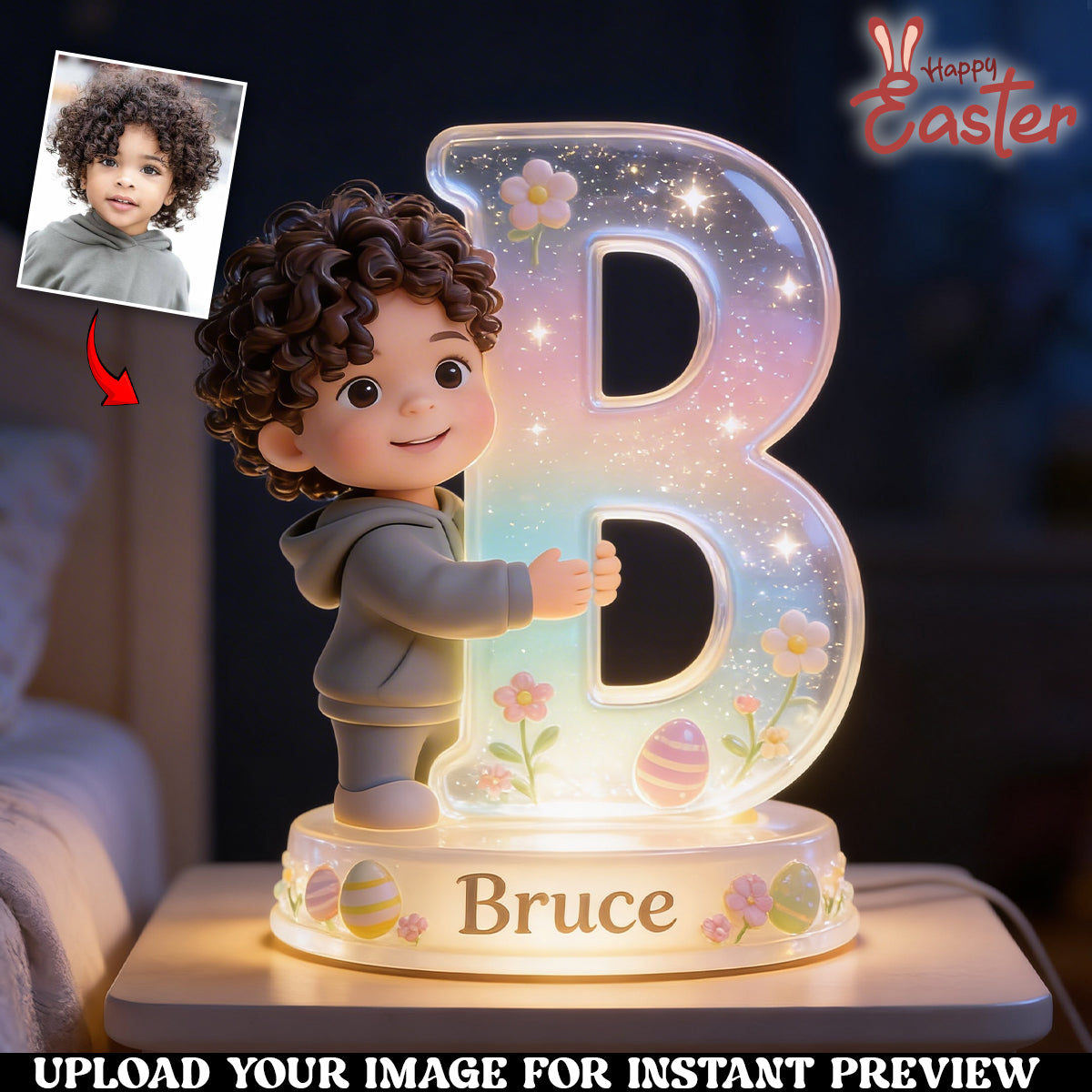 Personalized Easter Young Girl Alphabet Acrylic LED Night Light Latina Kids Gift